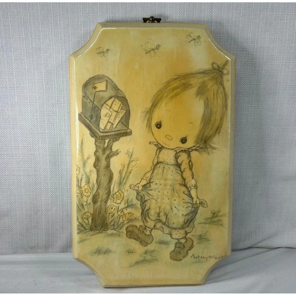 Vintage Betsey Clark Hallmark Wooden Wall Plaque Girl Mailbox Decoupage Art 12in